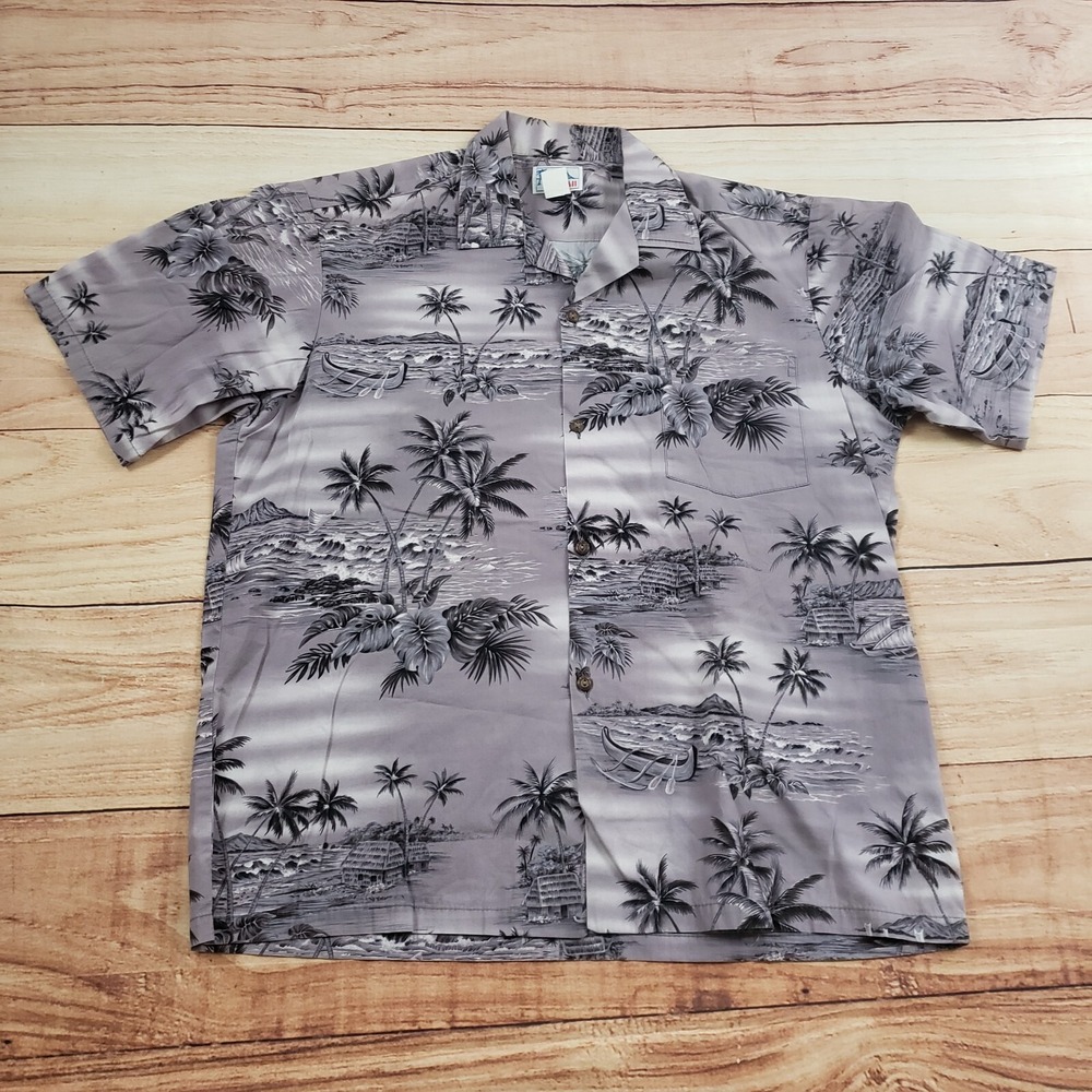 VINTAGE Hawaii Shirt Mens Large Gray Black Outdoors Button Up Camp Adult 90s